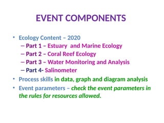 EVENT COMPONENTS
• Ecology Content – 2020
– Part 1 – Estuary and Marine Ecology
– Part 2 – Coral Reef Ecology
– Part 3 – Water Monitoring and Analysis
– Part 4- Salinometer
• Process skills in data, graph and diagram analysis
• Event parameters – check the event parameters in
the rules for resources allowed.
 