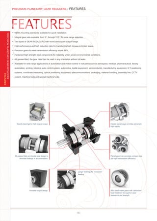 - 01 -
PRECISION PLANETARY GEAR REDUCERS / FEATURES
Closed planet cage provides extremely
high rigidity.
Planet gear train provides compact size
yet high transmission eﬃciency.
Alloy steel made gears with carburized
heat treatment for superior wear
resistance and strength.
Larger bearings for increased
loading.
Versatile output design.
All grease ﬁlled and double seal design to
eliminate leakage in any orientation.
Needle bearings for high output torque.
FEATURES
PRECISIONPLANETARYGEARREDUCERS
Ÿ NEMA mounting standards available for quick installation.
Ÿ Integral gear ratio available from 3:1 through 512:1 for wide range selection.
Ÿ Two types of GEAR REDUCERS with round and square output ﬂange.
Ÿ High performance and high reduction ratio for transferring high torques in limited space.
Ÿ Precision gears to raise transmission eﬃciency above 96%.
Ÿ Hardened high strength steel components for reliability under severe environmental conditions.
Ÿ All grease-ﬁlled, the gear head can be used in any orientation without oil leaks.
Ÿ Available for wide range applications of automation and motion control in industries such as aerospace, medical, pharmaceutical, factory
automation, printing, robotics, auto control system, automotive, textile equipment, semiconductor, manufacturing equipment, X-Y positioning
systems, coordinate measuring, optical positioning equipment, telecommunications, packaging, material handling, assembly line, CCTV
system, machine tools and special machinery etc.
 
