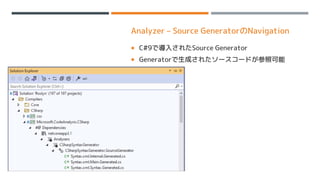 Analyzer – Source GeneratorのNavigation
 C#9で導入されたSource Generator
 Generatorで生成されたソースコードが参照可能
 