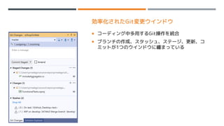 効率化されたGit変更ウインドウ
 コーディング中多用するGit操作を統合
 ブランチの作成、スタッシュ、ステージ、更新、コ
ミットが1つのウインドウに纏まっている
 