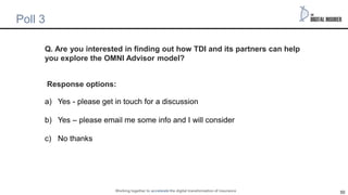 50
Poll
Q. Are you interested in finding out how TDI and its partners can help
you explore the OMNI Advisor model?
Respons...