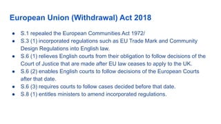 European Union (Withdrawal) Act 2018
● S.1 repealed the European Communities Act 1972/
● S.3 (1) incorporated regulations such as EU Trade Mark and Community
Design Regulations into English law.
● S.6 (1) relieves English courts from their obligation to follow decisions of the
Court of Justice that are made after EU law ceases to apply to the UK.
● S.6 (2) enables English courts to follow decisions of the European Courts
after that date.
● S.6 (3) requires courts to follow cases decided before that date.
● S.8 (1) entitles ministers to amend incorporated regulations.
 