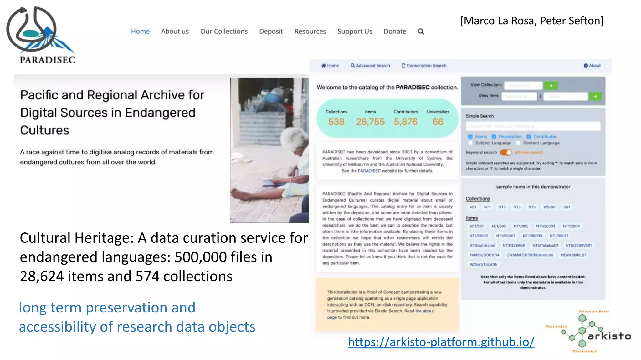 Cultural Heritage: A data curation service for
endangered languages: 500,000 files in
28,624 items and 574 collections
long term preservation and
accessibility of research data objects
https://arkisto-platform.github.io/
[Marco La Rosa, Peter Sefton]
 