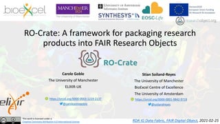 RO-Crate: A framework for packaging research
products into FAIR Research Objects
Carole Goble
The University of Manchester
ELIXIR-UK
https://orcid.org/0000-0003-1219-2137
@caroleannegoble
This work is licensed under a
Creative Commons Attribution 4.0 International License
Stian Soiland-Reyes
The University of Manchester
BioExcel Centre of Excellence
The University of Amsterdam
https://orcid.org/0000-0001-9842-9718
@soilandreyes
RDA IG Data Fabric, FAIR Digital Object, 2021-02-25
 