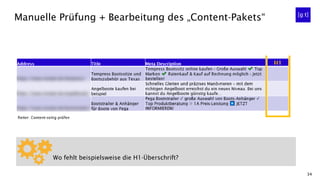 34
Manuelle Prüfung + Bearbeitung des „Content-Pakets“
Wo fehlt beispielsweise die H1-Überschrift?
 