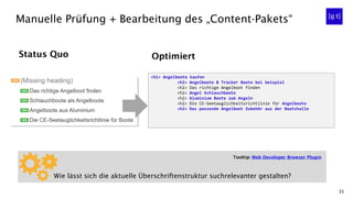 35
Manuelle Prüfung + Bearbeitung des „Content-Pakets“
Wie lässt sich die aktuelle Überschriftenstruktur suchrelevanter ge...