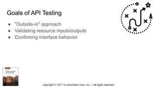 copyright © 2021 by amundsen.com, inc. -- all rights reserved
Goals of API Testing
● "Outside-in" approach
● Validating resource inputs/outputs
● Confirming interface behavior
 