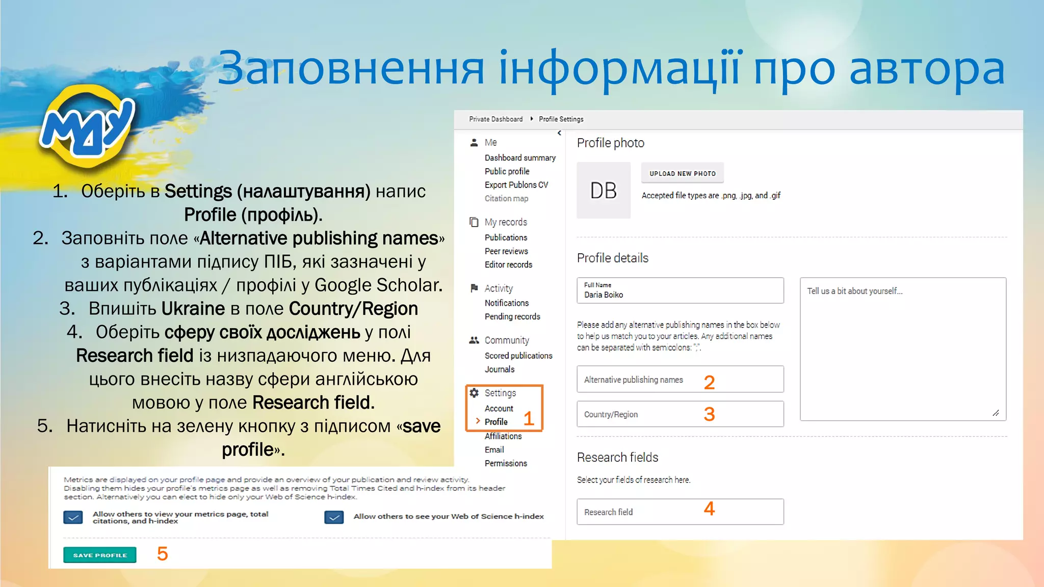 Заповнення інформації про автора
1. Оберіть в Settings (налаштування) напис
Profile (профіль).
2. Заповніть поле «Alternative publishing names»
з варіантами підпису ПІБ, які зазначені у
ваших публікаціях / профілі у Google Scholar.
3. Впишіть Ukraine в поле Country/Region
4. Оберіть сферу своїх досліджень у полі
Research field із низпадаючого меню. Для
цього внесіть назву сфери англійською
мовою у поле Research field.
5. Натисніть на зелену кнопку з підписом «save
profile».
1
2
3
4
5
 