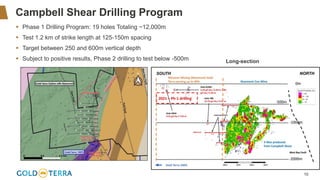 10
Campbell Shear Drilling Program
▪ Phase 1 Drilling Program: 19 holes Totaling ~12,000m
▪ Test 1.2 km of strike length at 125-150m spacing
▪ Target between 250 and 600m vertical depth
▪ Subject to positive results, Phase 2 drilling to test below -500m Long-section
 