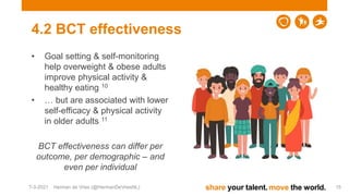 share your talent. move the world.
4.2 BCT effectiveness
• Goal setting & self-monitoring
help overweight & obese adults
i...