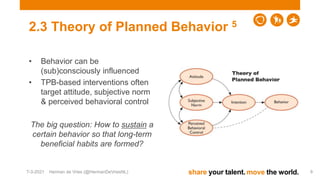 share your talent. move the world.
2.3 Theory of Planned Behavior 5
• Behavior can be
(sub)consciously influenced
• TPB-ba...
