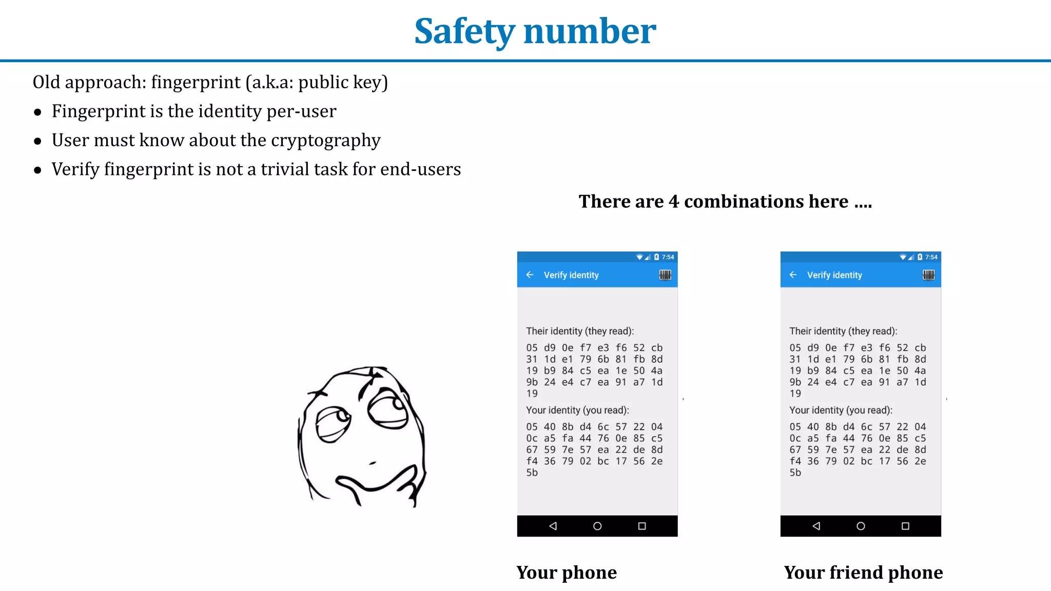 Safety	number
Old	approach:	
f
ingerprint	(a.k.a:	public	key)


• Fingerprint	is	the	identity	per-user


• User	must	know	about	the	cryptography


• Verify	
f
ingerprint	is	not	a	trivial	task	for	end-users
Your	phone Your	friend	phone
There	are	4	combinations	here	….
 