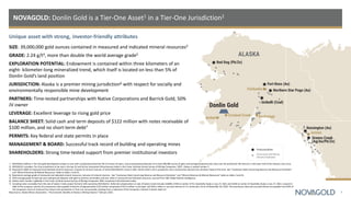 Unique asset with strong, investor-friendly attributes
NOVAGOLD: Donlin Gold is a Tier-One Asset1 in a Tier-One Jurisdiction2
3
SIZE: 39,000,000 gold ounces contained in measured and indicated mineral resources3
GRADE: 2.24 g/t4, more than double the world average grade5
EXPLORATION POTENTIAL: Endowment is contained within three kilometers of an
eight- kilometer-long mineralized trend, which itself is located on less than 5% of
Donlin Gold’s land position
JURISDICTION: Alaska is a premier mining jurisdiction6 with respect for socially and
environmentally responsible mine development
PARTNERS: Time-tested partnerships with Native Corporations and Barrick Gold, 50%
JV owner
LEVERAGE: Excellent leverage to rising gold price
BALANCE SHEET: Solid cash and term deposits of $122 million with notes receivable of
$100 million, and no short-term debt7
PERMITS: Key federal and state permits in place
MANAGEMENT & BOARD: Successful track record of building and operating mines
SHAREHOLDERS: Strong time-tested support from premier institutional investors
1) NOVAGOLD defines a Tier One gold development project as one with a projected production life of at least 10 years, annual projected production of at least 500,000 ounces of gold, and average projected cash costs over the production life that are in the lower half of the industry cost curve.
2) NOVAGOLD considers Tier One jurisdictions to be any in the top 10 rank by the Investment Attractiveness Index in the Fraser Institute Annual Survey of Mining Companies, 2020. Alaska is ranked number 5.
3) Represents 100% of measured and indicated mineral resources, inclusive of mineral reserves, of which NOVAGOLD’s share is 50%. Donlin Gold is not in production and a construction decision has not been made at this time. See “Cautionary Note Concerning Reserve and Resource Estimates”
and “Mineral Reserves & Mineral Resources” table on slides 2 and 33.
4) Represents average grade of measured and indicated mineral resources, inclusive of mineral reserves. See “Cautionary Note Concerning Reserve and Resource Estimates” and “Mineral Reserves & Mineral Resources” table on slides 2 and 33.
5) 2019 average grade of open-pit and underground deposits with gold as primary commodity and over 1Moz in measured and indicated resources, sourced from S&P Global Market Intelligence.
6) Alaska ranks number 5 globally in the Fraser Institute Annual Survey of Mining Companies 2020, Investment Attractiveness Index.
7) Including notes receivable from the sale of Galore Creek project formerly 50%-owned by NOVAGOLD. Deferred compensation on sale of Galore Creek includes $100M; $75M on earlier of Pre-Feasibility Study or July 27, 2021 and $25M on earlier of Feasibility Study or July 27, 2023. Long term
debt of the company consists of a promissory note payable to Barrick of approximately $110 million comprised of $51.6 million in principal, and $58.2 million in accrued interest at U.S. prime plus 2% as of November 30, 2020. The promissory note and accrued interest are payable from 85% of
the Company’s share of revenue from future mine production or from any net proceeds resulting from a reduction of the Company’s interest in Donlin Gold LLC.
Map Source: Alaska Miners Association, “The Economic Benefits of Alaska’s Mining Industry” February 2020.
 