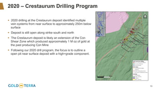 13
2020 – Crestaurum Drilling Program
▪ 2020 drilling at the Crestaurum deposit identified multiple
vein systems from near surface to approximately 250m below
surface
▪ Deposit is still open along strike south and north
▪ The Crestaurum deposit is likely an extension of the Con
Shear Zone which produced approximately 1 M oz of gold at
the past producing Con Mine
▪ Following our 2020 drill program, the focus is to outline a
open pit near surface deposit with a high=grade component.
 