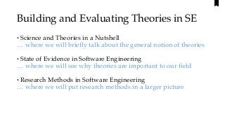 Building and Evaluating Theories in SE
‣Science and Theories in a Nutshell
… where we will briefly talk about the general ...