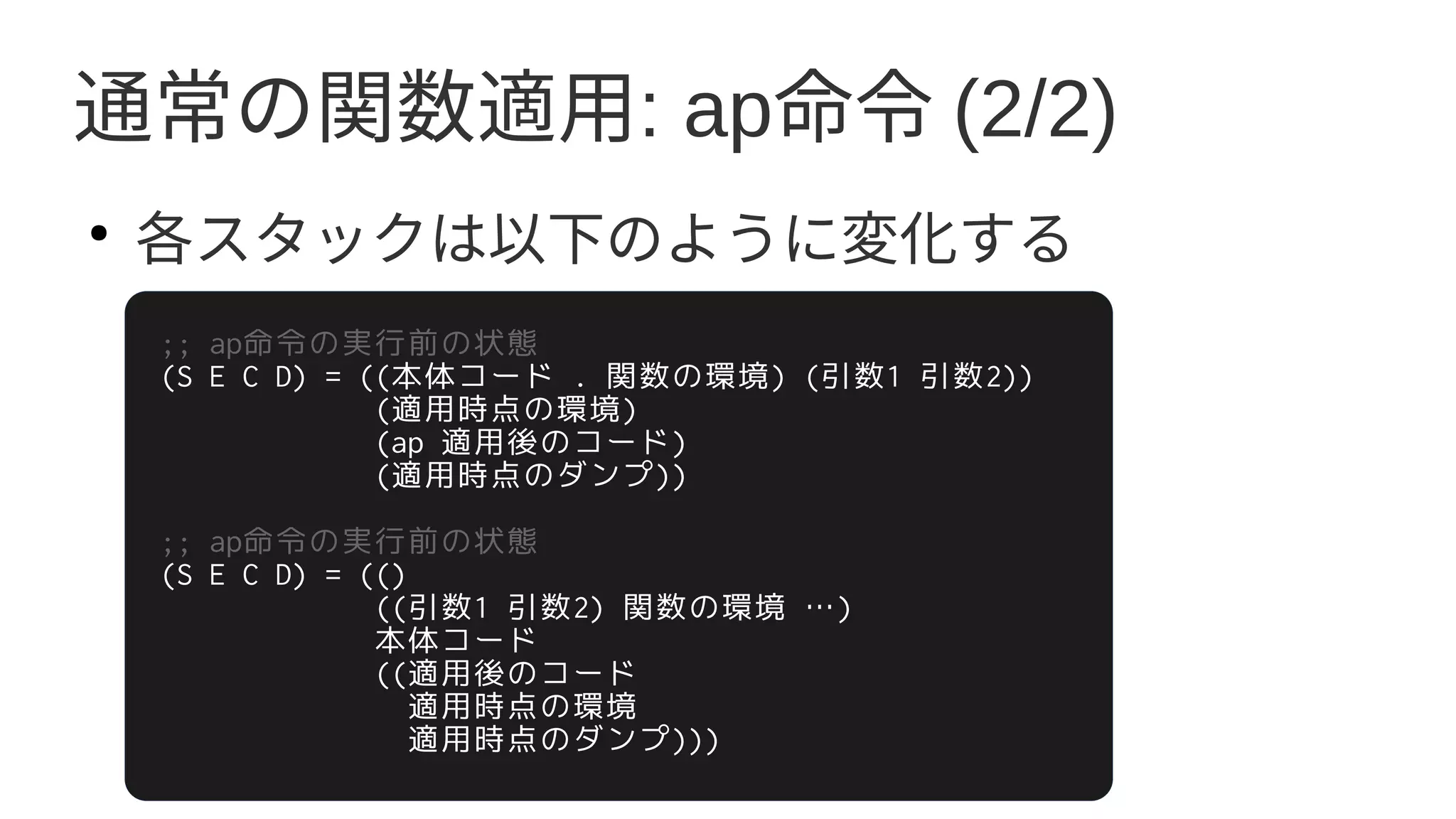 通常の関数適用: ap命令 (2/2)
●
各スタックは以下のように変化する
;; ap命令の実行前の状態
(S E C D) = ((本体コード . 関数の環境) (引数1 引数2))
(適用時点の環境)
(ap 適用後のコード)
(適用時点のダンプ))
;; ap命令の実行前の状態
(S E C D) = (()
((引数1 引数2) 関数の環境 …)
本体コード
((適用後のコード
適用時点の環境
適用時点のダンプ)))
 