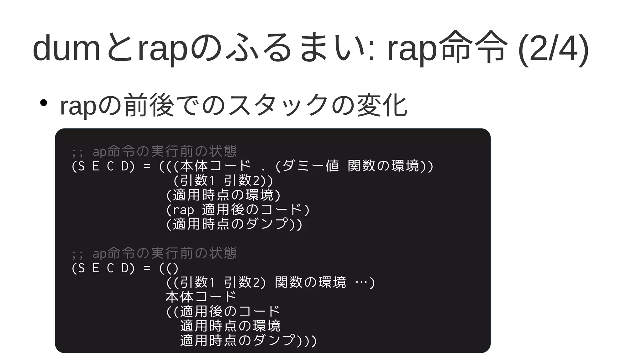 dumとrapのふるまい: rap命令 (2/4)
●
rapの前後でのスタックの変化
;; ap命令の実行前の状態
(S E C D) = (((本体コード . (ダミー値 関数の環境))
(引数1 引数2))
(適用時点の環境)
(rap 適用後のコード)
(適用時点のダンプ))
;; ap命令の実行前の状態
(S E C D) = (()
((引数1 引数2) 関数の環境 …)
本体コード
((適用後のコード
適用時点の環境
適用時点のダンプ)))
 