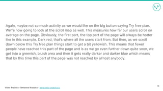 Visitor Analytics - Behavioral Analytics - www.visitor-analytics.io
Again, maybe not so much activity as we would like on the big button saying Try free plan.
We're now going to look at the scroll map as well. This measures how far our users scroll on
average on the page. Obviously, the first part, the top part of the page will always be hotter
like in this example. Dark red, that's where all the users start from. But then, as we scroll
down below this Try free plan things start to get a bit yellowish. This means that fewer
people have reached this part of the page and is as we go even further down quite soon, we
get into a greenish, bluish area and then it gets really darker and darker blue which means
that by this time this part of the page was not reached by almost anybody.
14
 