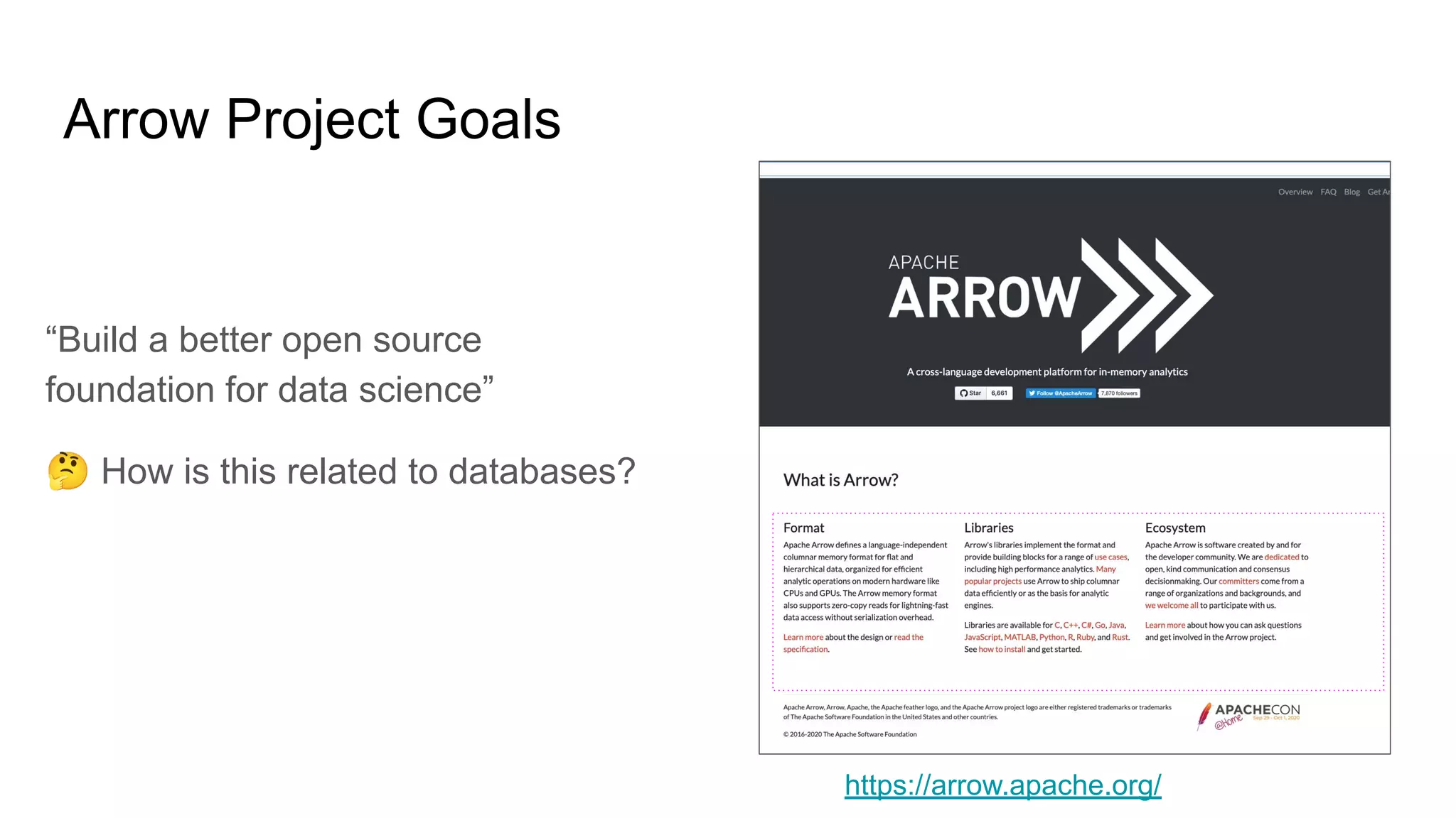 Arrow Project Goals
“Build a better open source
foundation for data science”
🤔 How is this related to databases?
https://arrow.apache.org/
 