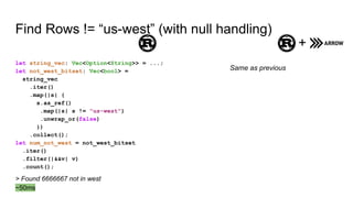Find Rows != “us-west” (with null handling)
let string_vec: Vec<Option<String>> = ...;
let not_west_bitset: Vec<bool> =
st...