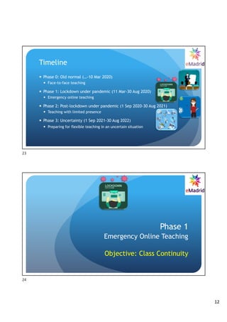 12
Timeline
— Phase 0: Old normal (…-10 Mar 2020)
— Face-to-face teaching
— Phase 1: Lockdown under pandemic (11 Mar-30 Aug 2020)
— Emergency online teaching
— Phase 2: Post-lockdown under pandemic (1 Sep 2020-30 Aug 2021)
— Teaching with limited presence
— Phase 3: Uncertainty (1 Sep 2021-30 Aug 2022)
— Preparing for flexible teaching in an uncertain situation
23
Phase 1
Emergency Online Teaching
Objective: Class Continuity
24
 