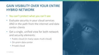 GAIN VISIBILITY OVER YOUR ENTIRE
HYBRID NETWORK
• You can’t protect what you can’t see
• Evaluate security in your cloud services
AND in the path from the internet and data
center clients
• Get a single, unified view for both network
and security elements:
• Public cloud (in many cases multi-cloud)
• On-prem data center
• Private cloud
13 | Confidential
 