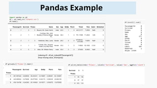Pandas Example
Indexing df = df.set_index(df['PassengerId’])
Drop missing value, df.dropna()
 