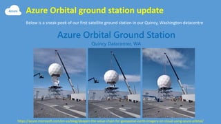 Azure Orbital ground station update
https://azure.microsoft.com/en-us/blog/deepen-the-value-chain-for-geospatial-earth-imagery-on-cloud-using-azure-orbital/
Below is a sneak peek of our first satellite ground station in our Quincy, Washington datacentre
 