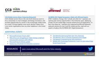CCA Mobile Carriers Show | Featuring Metaswitch
CCA’s Mobile Carriers Show is the only North American event to
focus exclusively on smart strategies, technology innovations, and
business opportunities for carriers in this increasingly mobile world.
As a result, it brings together more senior decision makers from
more carrier organizations than any other tradeshow in the United
States.
5G MENA 2021 Digital Symposium | Meet with Affirmed Experts
AT&T, Vodafone, Orange, 3UK, Turkcell, and other tier 1 operators are
opening new revenue opportunities in the enterprise space, deploying
private LTE and mobile edge compute infrastructure and applications. To
learn how these tier 1 operators are implementing Affirmed Networks’
webscale solutions for any G and 5G mobile services, meet with our
experts virtually at the 5G MENA 2021 Digital Symposium.
ADDITIONAL EVENTS
▪ Microsoft Envision Forum 2021
▪ Why telcos are struggling to make money in AdTech
and possible solutions with InMobi
▪ Microsoft Azure Orbital update
▪ Deploying virtualised 5G networks in practice
▪ The Network: Optimizing Next-Gen Telco Networks
▪ The Network: Telco’s Customer Experience Goes Digital
▪ The Network: Empowering the Telco Workforce
▪ NVIDIA GPU Technology Conference | Tune in to learn about Edge
AI and Azure Percept
RESOURCES Learn more about Microsoft and the Telco industry
© Microsoft Corporation. All rights reserved
 