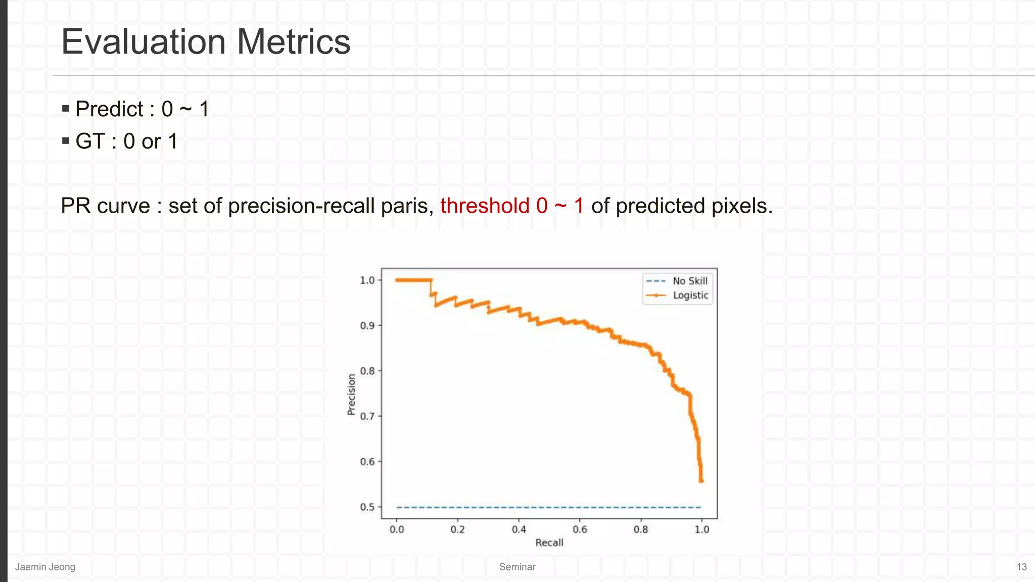 Jaemin Jeong Seminar 13
 Predict : 0 ~ 1
 GT : 0 or 1
PR curve : set of precision-recall paris, threshold 0 ~ 1 of predicted pixels.
Evaluation Metrics
 