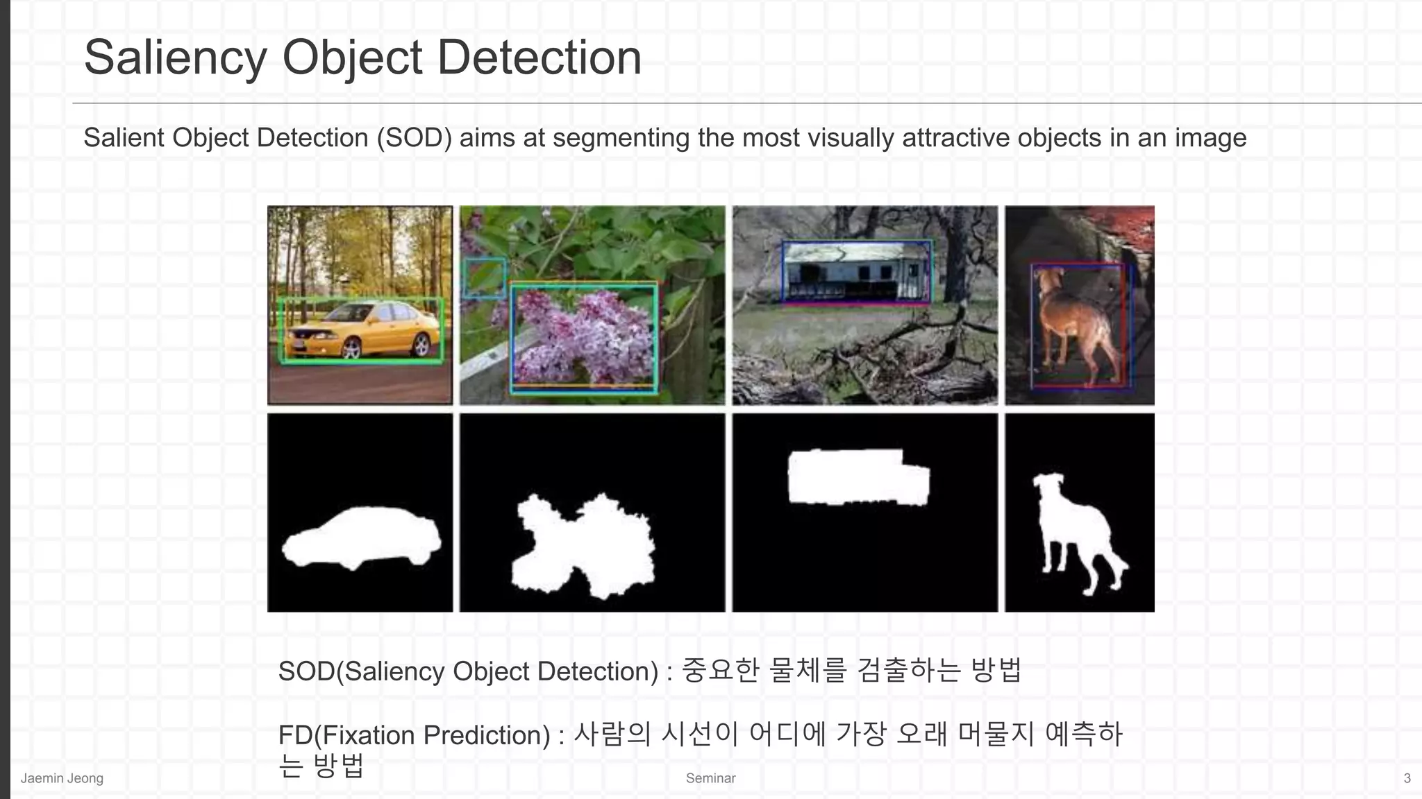 Jaemin Jeong Seminar 3
Saliency Object Detection
SOD(Saliency Object Detection) : 중요한 물체를 검출하는 방법
FD(Fixation Prediction) : 사람의 시선이 어디에 가장 오래 머물지 예측하
는 방법
Salient Object Detection (SOD) aims at segmenting the most visually attractive objects in an image
 