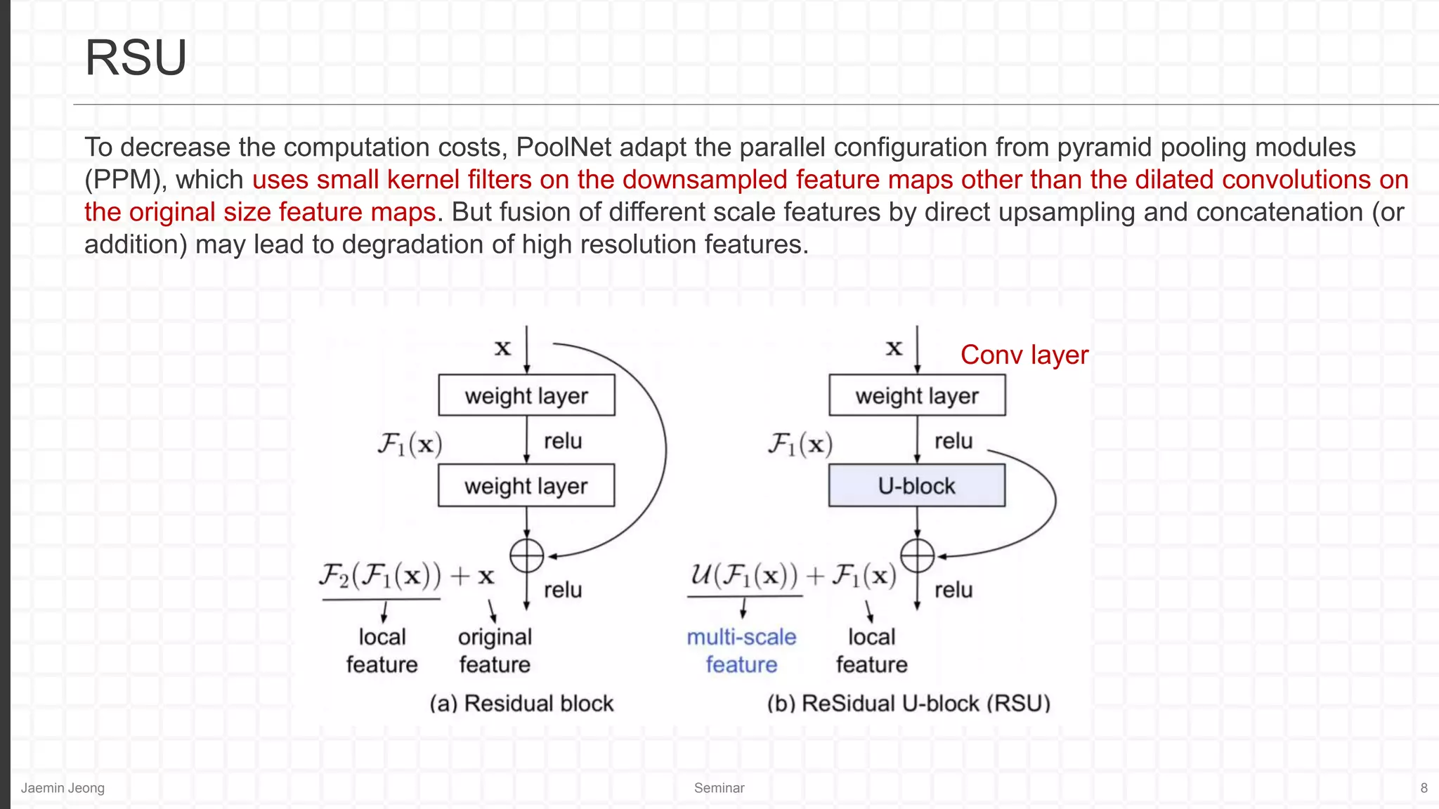 Jaemin Jeong Seminar 8
RSU
To decrease the computation costs, PoolNet adapt the parallel configuration from pyramid pooling modules
(PPM), which uses small kernel filters on the downsampled feature maps other than the dilated convolutions on
the original size feature maps. But fusion of different scale features by direct upsampling and concatenation (or
addition) may lead to degradation of high resolution features.
Conv layer
 