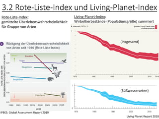 3.2 Rote-Liste-Index und Living-Planet-Index
IPBES: Global Assessment Report 2019
Living Planet Report 2018
Rote-Liste-Index:
gemittelte Überlebenswahrscheinlichkeit
für Gruppe von Arten
Living-Planet-Index:
Wirbeltierbestände (Populationsgröße) summiert
(insgesamt)
(Süßwasserarten)
 