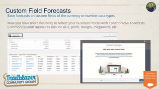 Custom Field Forecasts
Base forecasts on custom fields of the currency or number data types.
Now you have more flexibility to reflect your business model with Collaborative Forecasts.
Common custom measures include ACV, profit, margin, megawatts, etc.
Unlimited/
Performance
Edition only
 