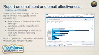 Sales Ops and Sales Managers can now
report on email messages to answer
questions like
● how effective is the email outreach
strategy?
● which rep send the most effective
emails?
● what’s the percentage of inbound vs.
outbound emails (relationship
strength)
Note: Is Opened is a Custom field with value
“NOT(ISNULL(FirstOpenedDate))”
Email Message Reports
Report on email sent and email effectiveness
 