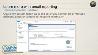Learn more with email reporting
Create new custom report types and optionally join with Email Message
Relations, Leads or Contacts for recipient information
Admin defined custom report types
 