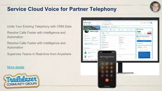 Service Cloud Voice for Partner Telephony
Unite Your Existing Telephony with CRM Data
Resolve Calls Faster with Intelligence and
Automation
Resolve Calls Faster with Intelligence and
Automation
Supervise Teams in Real-time from Anywhere
More details
 