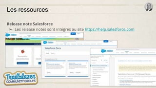 Les ressources
Release note Salesforce
➢ Les release notes sont intégrés au site https://help.salesforce.com
 
