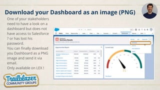 One of your stakeholders
need to have a look on a
dashboard but does not
have access to Salesforce
? or has lost his
password.
You can finally download
you Dashboard as a PNG
image and send it via
email.
Only available on LEX !
Download your Dashboard as an image (PNG)
 