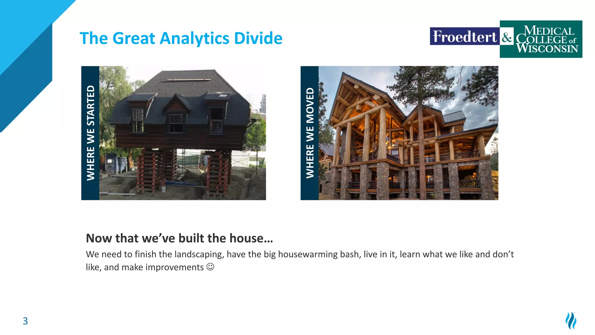 3
The Great Analytics Divide
WHERE
WE
STARTED
WHERE
WE
MOVED
Now that we’ve built the house…
We need to finish the landscaping, have the big housewarming bash, live in it, learn what we like and don’t
like, and make improvements J
 