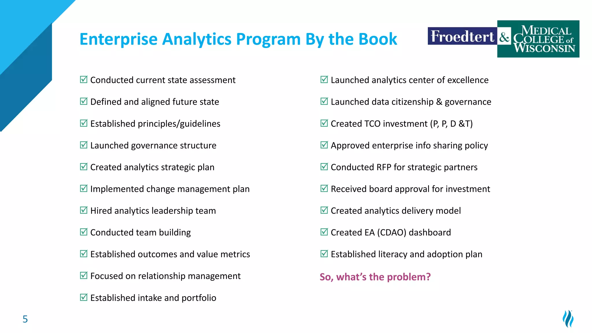 5
Enterprise Analytics Program By the Book
þ Conducted current state assessment
þ Defined and aligned future state
þ Established principles/guidelines
þ Launched governance structure
þ Created analytics strategic plan
þ Implemented change management plan
þ Hired analytics leadership team
þ Launched analytics center of excellence
þ Launched data citizenship & governance
þ Created TCO investment (P, P, D &T)
þ Approved enterprise info sharing policy
þ Conducted RFP for strategic partners
þ Received board approval for investment
þ Created analytics delivery model
þ Created EA (CDAO) dashboard
þ Conducted team building
þ Established outcomes and value metrics
þ Focused on relationship management
þ Established literacy and adoption plan
So, what’s the problem?
þ Established intake and portfolio
 