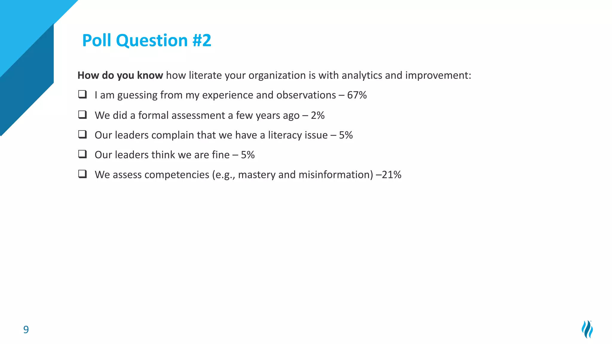 9
How do you know how literate your organization is with analytics and improvement:
q I am guessing from my experience and observations – 67%
q We did a formal assessment a few years ago – 2%
q Our leaders complain that we have a literacy issue – 5%
q Our leaders think we are fine – 5%
q We assess competencies (e.g., mastery and misinformation) –21%
Poll Question #2
 