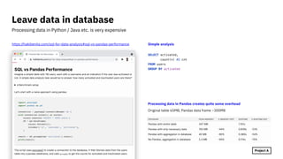 https://hakibenita.com/sql-for-data-analysis#sql-vs-pandas-performance Simple analysis
SELECT activated,
count(*) AS cnt
FROM users
GROUP BY activated
Processing data in Pandas creates quite some overhead
Original table 65MB, Pandas data frame ~300MB
| @martin_loetzsch
Processing data in Python / Java etc. is very expensive
Leave data in database
7
 