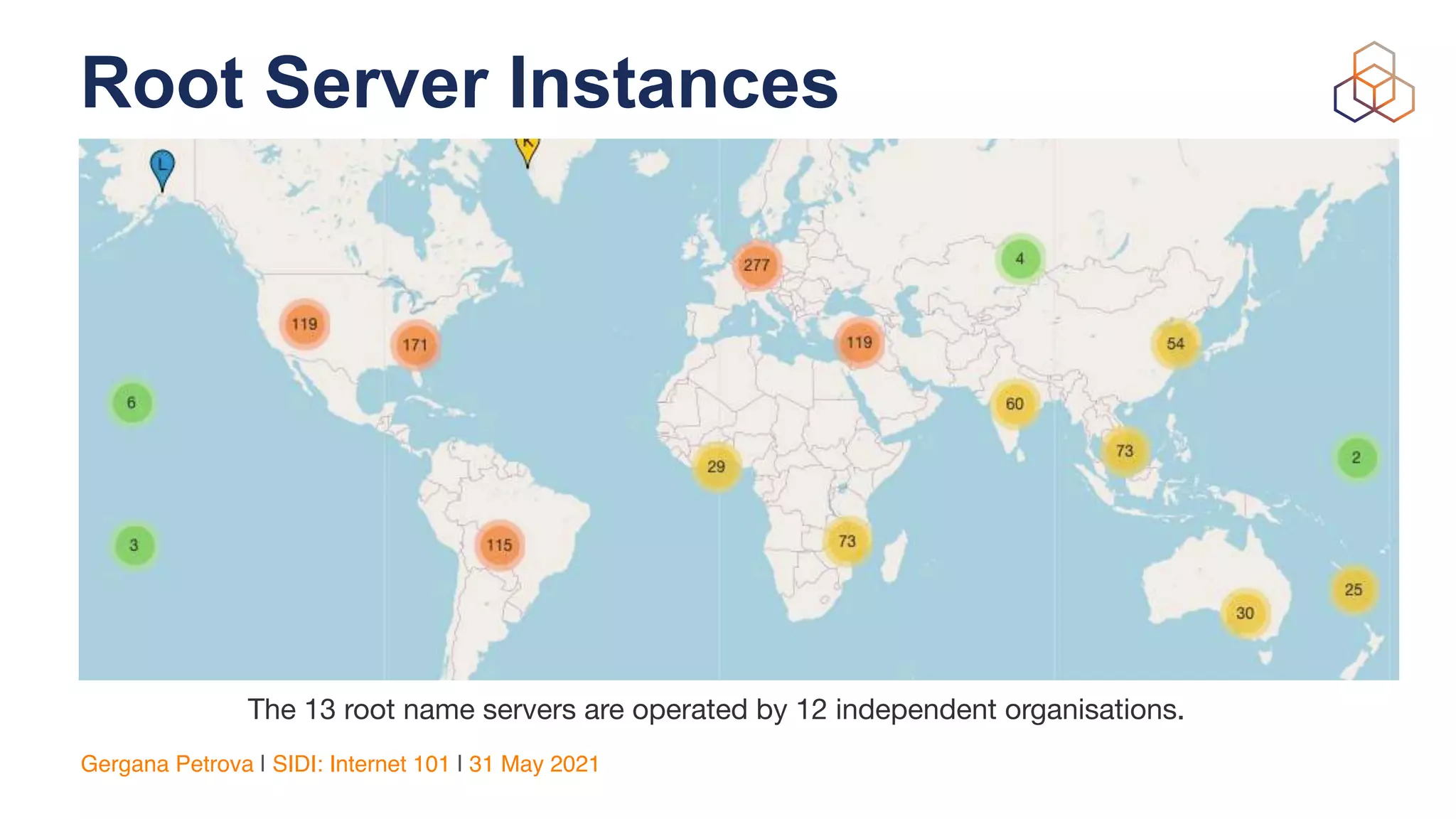 Gergana Petrova | SIDI: Internet 101 | 31 May 2021
Root Server Instances
The 13 root name servers are operated by 12 independent organisations.


 