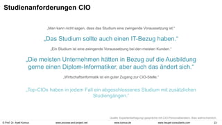 © Prof. Dr. Ayelt Komus 23
www.komus.de
www.process-and-project.net www.heupel-consultants.com
Studienanforderungen CIO
„Man kann nicht sagen, dass das Studium eine zwingende Voraussetzung ist.“
„Das Studium sollte auch einen IT-Bezug haben.“
„Ein Studium ist eine zwingende Voraussetzung bei den meisten Kunden.“
„Die meisten Unternehmen hätten in Bezug auf die Ausbildung
gerne einen Diplom-Informatiker, aber auch das ändert sich.“
„Wirtschaftsinformatik ist ein guter Zugang zur CIO-Stelle.“
„Top-CIOs haben in jedem Fall ein abgeschlossenes Studium mit zusätzlichen
Studiengängen.“
Quelle: Expertenbefragung/-gespräche mit CIO-Personalberatern. Bias wahrscheinlich.
 
