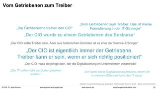 © Prof. Dr. Ayelt Komus 30
www.komus.de
www.process-and-project.net www.heupel-consultants.com
Vom Getriebenen zum Treiber
„Die Fachbereiche treiben den CIO“
„Der CIO wurde zu einem Getriebenen des Business“
„Der CIO sollte Treiber sein. Aber aus historischen Gründen ist es eher der Service-Erbringer“
„Ich kann keine Digitalisierung treiben, wenn ich
in meinem Elfenbeinturm der IT sitze“
„Vom Getriebenen zum Treiber. Das ist meine
Formulierung in der IT-Strategie“
„Der CIO muss derjenige sein, der die Digitalisierung im Unternehmen vorantreibt“
„Der CIO ist eigentlich immer der Getriebene.
Treiber kann er sein, wenn er sich richtig positioniert“
„Die IT sollte nicht als Butler gesehen
werden“
Quelle: Expertenbefragung/-gespräch „CIO-Studie“ Komus et al. - Bias wahrscheinlich.
 