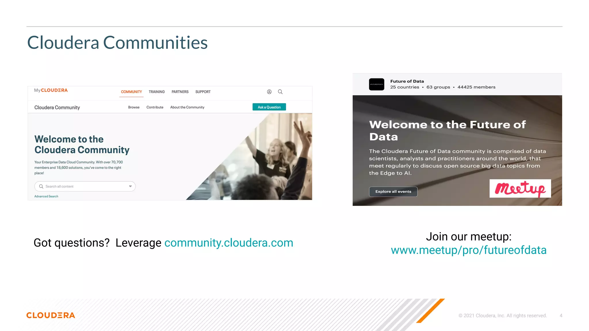 © 2021 Cloudera, Inc. All rights reserved. 4
Cloudera Communities
Got questions? Leverage community.cloudera.com
Join our meetup:
www.meetup/pro/futureofdata
 