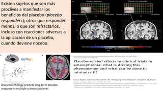 Existen sujetos que son más
proclives a manifestar los
beneficios del placebo (placebo
responders); otros que responden
menos, o que son refractarios,
incluso con reacciones adversas a
la aplicación de un placebo,
cuando deviene nocebo.
Brain morphology predicts long-term placebo
response in multiple sclerosis patients
 