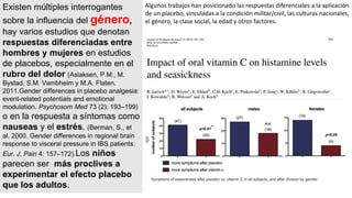Existen múltiples interrogantes
sobre la influencia del género,
hay varios estudios que denotan
respuestas diferenciadas entre
hombres y mujeres en estudios
de placebos, especialmente en el
rubro del dolor (Aslaksen, P.M., M.
Bystad, S.M. Vambheim y M.A. Flaten.
2011.Gender differences in placebo analgesia:
event-related potentials and emotional
modulation. Psychosom Med 73 (2): 193–199)
o en la respuesta a síntomas como
nauseas y el estrés. (Berman, S., et
al. 2000. Gender differences in regional brain
response to visceral pressure in IBS patients.
Eur. J. Pain 4: 157–172).Los niños
parecen ser más proclives a
experimentar el efecto placebo
que los adultos.
Algunos trabajos han posicionado las respuestas diferenciales a la aplicación
de un placebo, vinculadas a la condición militar/civil, las culturas nacionales,
el género, la clase social, la edad y otros factores.
 