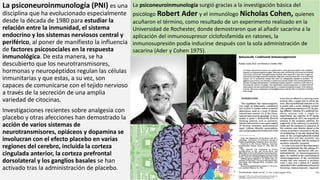 La psiconeuroinmunología (PNI) es una
disciplina que ha evolucionado especialmente
desde la década de 1980 para estudiar la
relación entre la inmunidad, el sistema
endocrino y los sistemas nerviosos central y
periférico, al poner de manifiesto la influencia
de factores psicosociales en la respuesta
inmunológica. De esta manera, se ha
descubierto que los neurotransmisores,
hormonas y neuropéptidos regulan las células
inmunitarias y que estas, a su vez, son
capaces de comunicarse con el tejido nervioso
a través de la secreción de una amplia
variedad de citocinas.
Investigaciones recientes sobre analgesia con
placebo y otras afecciones han demostrado la
acción de varios sistemas de
neurotransmisores, opiáceos y dopamina se
involucran con el efecto placebo en varias
regiones del cerebro, incluida la corteza
cingulada anterior, la corteza prefrontal
dorsolateral y los ganglios basales se han
activado tras la administración de placebo.
La psiconeuroinmunología surgió gracias a la investigación básica del
psicólogo Robert Ader y el inmunólogo Nicholas Cohen, quienes
acuñaron el término, como resultado de un experimento realizado en la
Universidad de Rochester, donde demostraron que al añadir sacarina a la
aplicación del inmunosupresor ciclofosfamida en ratones, la
inmunosupresión podía inducirse después con la sola administración de
sacarina (Ader y Cohen 1975).
 